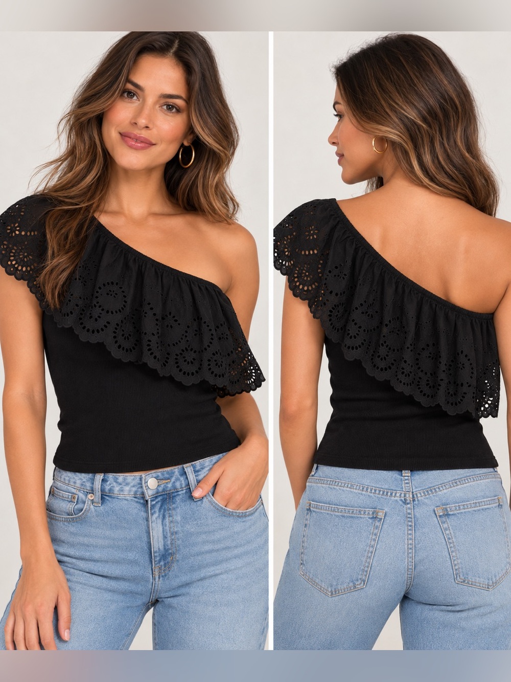 Old Navy Black One-Shoulder Eyelet Ruffle Tank